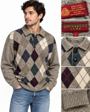 Vtg Y2K Preppy University Club Argyle Polo Collar Sweater Size L Shetland Wool